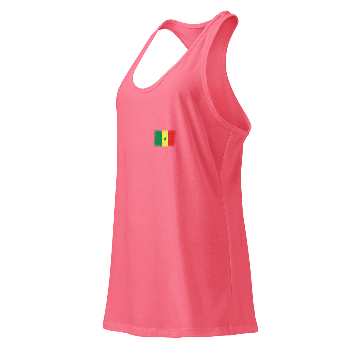 Senegal flag racerback tank top in Hot Pink, vintage-washed print, small flag on the left chest, women cut, side view