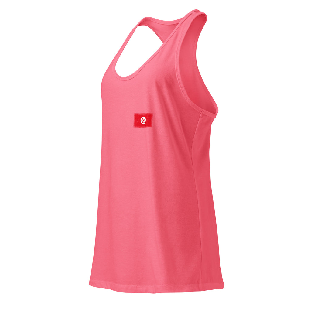 Tunisia flag racerback tank top in Hot Pink, vintage-washed print, small flag on the left chest, women cut, side view