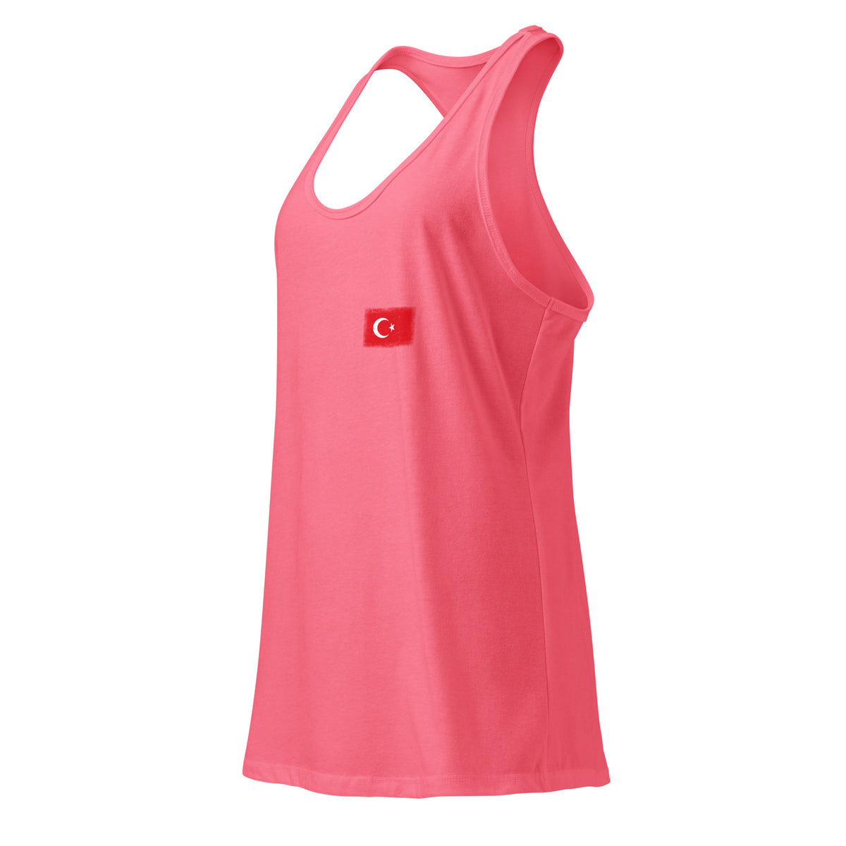 Turkey flag racerback tank top in Hot Pink, vintage-washed print, small flag on the left chest, women cut, side view
