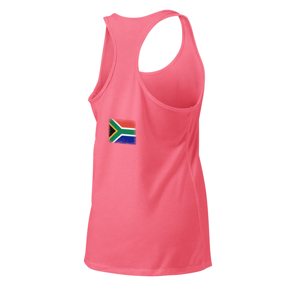 South Africa flag racerback tank top in Hot Pink, vintage-washed print, flag across the upper back, women cut, back view