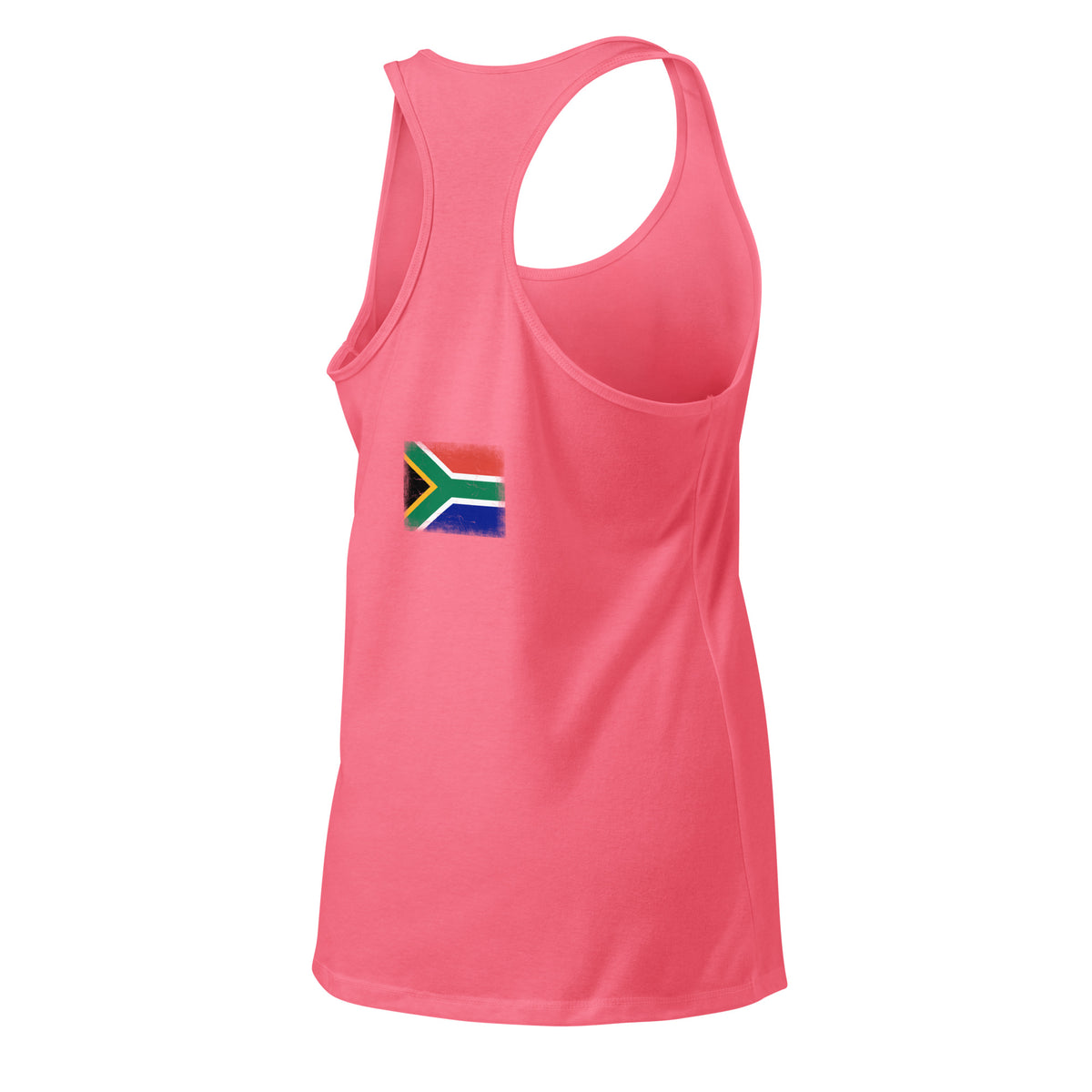 South Africa flag racerback tank top in Hot Pink, vintage-washed print, flag across the upper back, women cut, back view