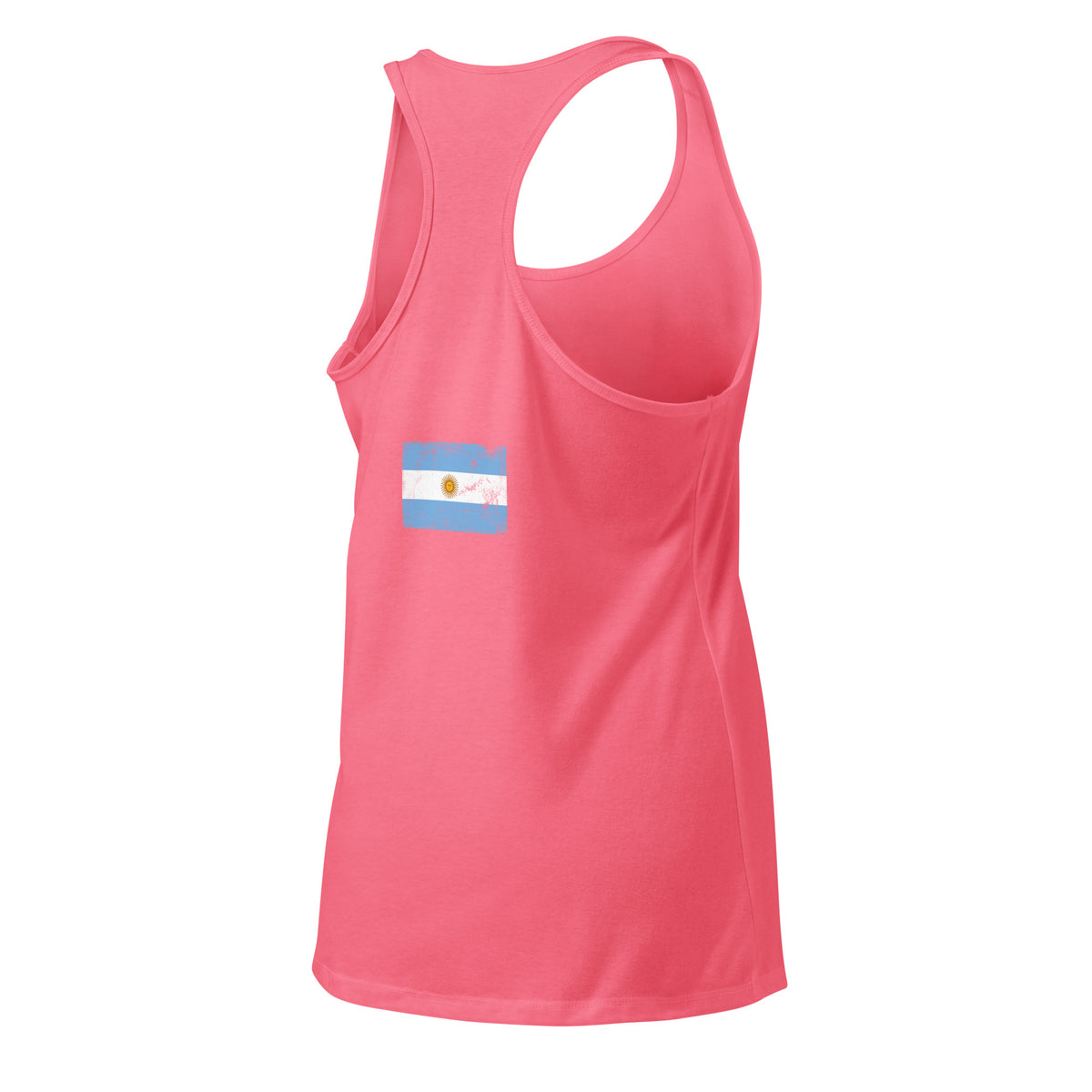 Argentina flag racerback tank top in Hot Pink, vintage-washed print, flag across the upper back, women cut, back view