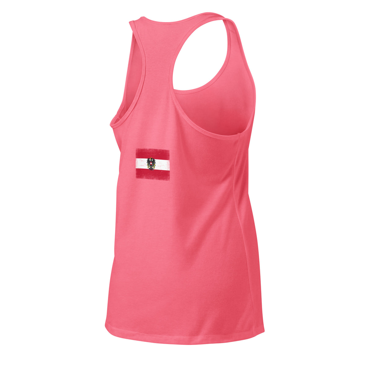 Austria flag racerback tank top in Hot Pink, vintage-washed print, flag across the upper back, women cut, back view