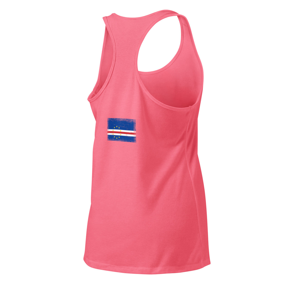 Cape Verde flag racerback tank top in Hot Pink, vintage-washed print, flag across the upper back, women cut, back view