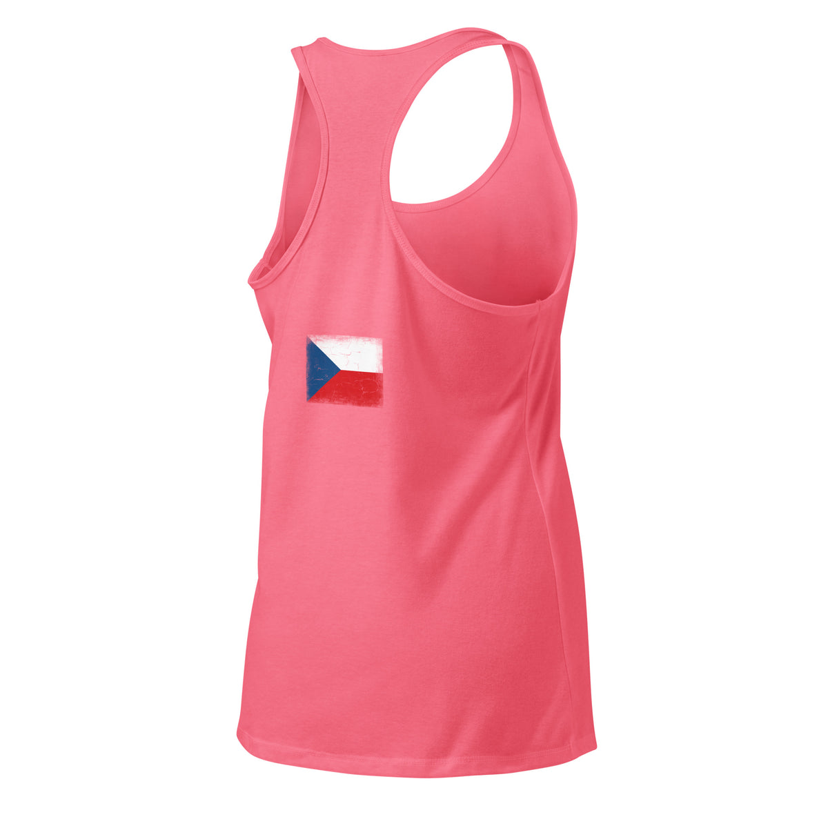 Czechia flag racerback tank top in Hot Pink, vintage-washed print, flag across the upper back, women cut, back view