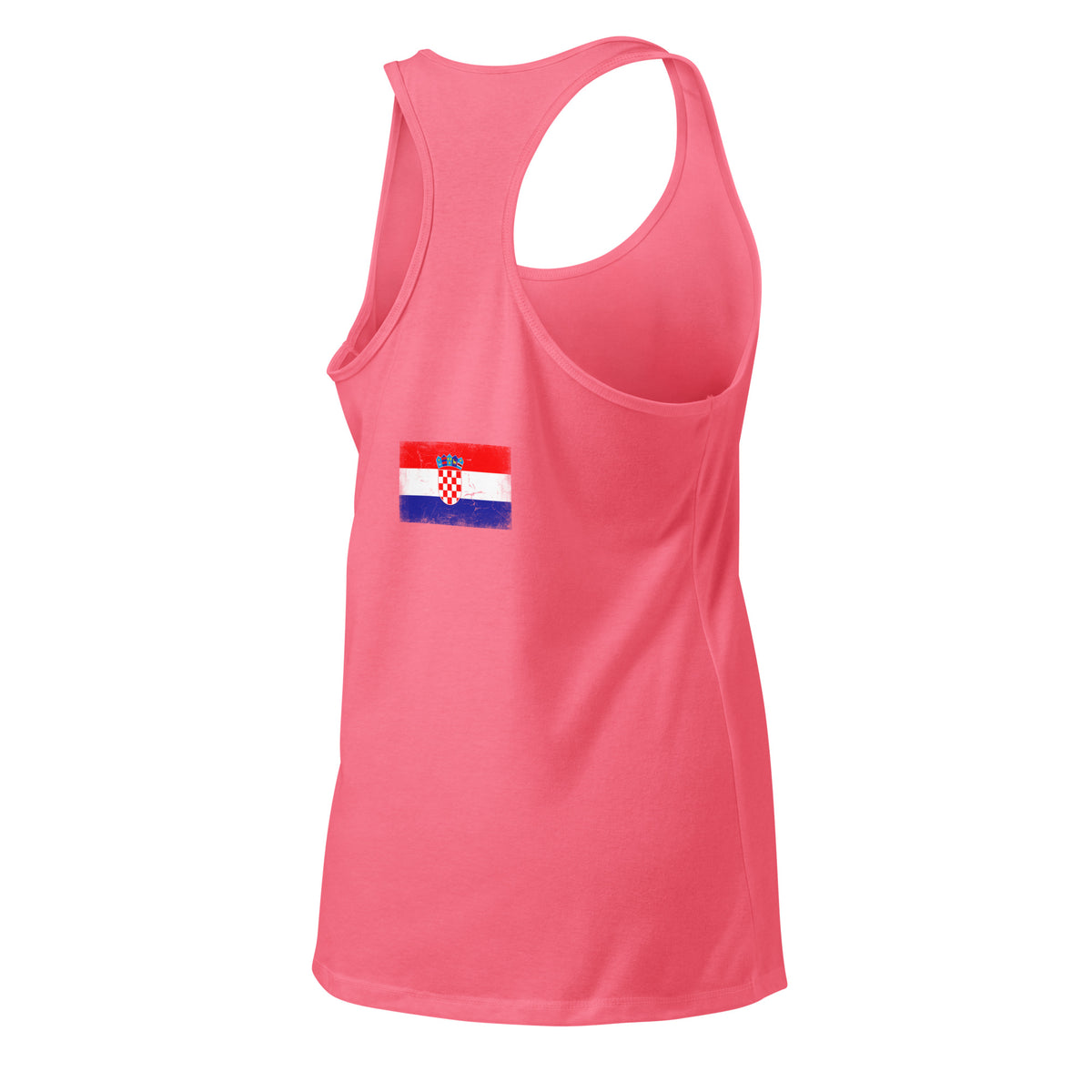 Croatia flag racerback tank top in Hot Pink, vintage-washed print, flag across the upper back, women cut, back view