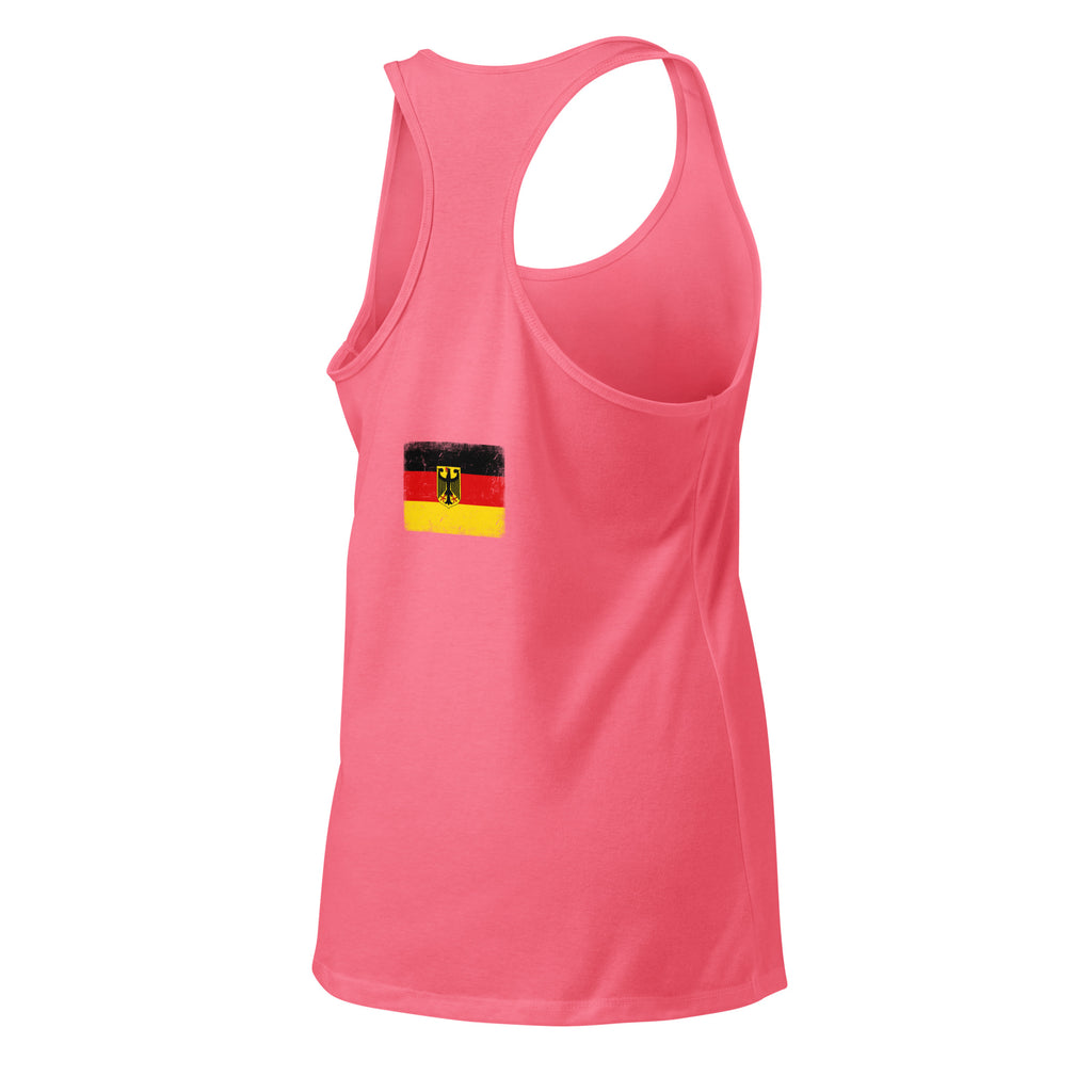 Germany flag racerback tank top in Hot Pink, vintage-washed print, flag across the upper back, women cut, back view