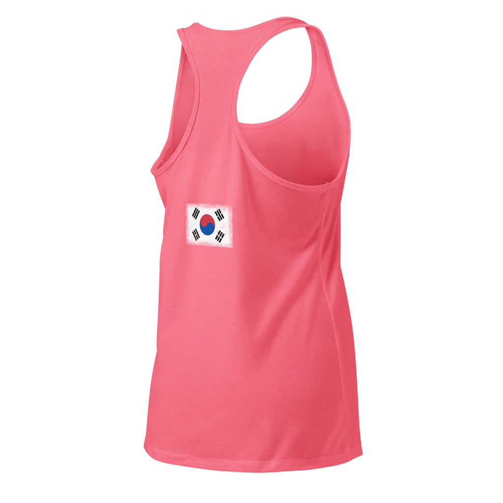 South Korea flag racerback tank top in Hot Pink, vintage-washed print, flag across the upper back, women cut, back view