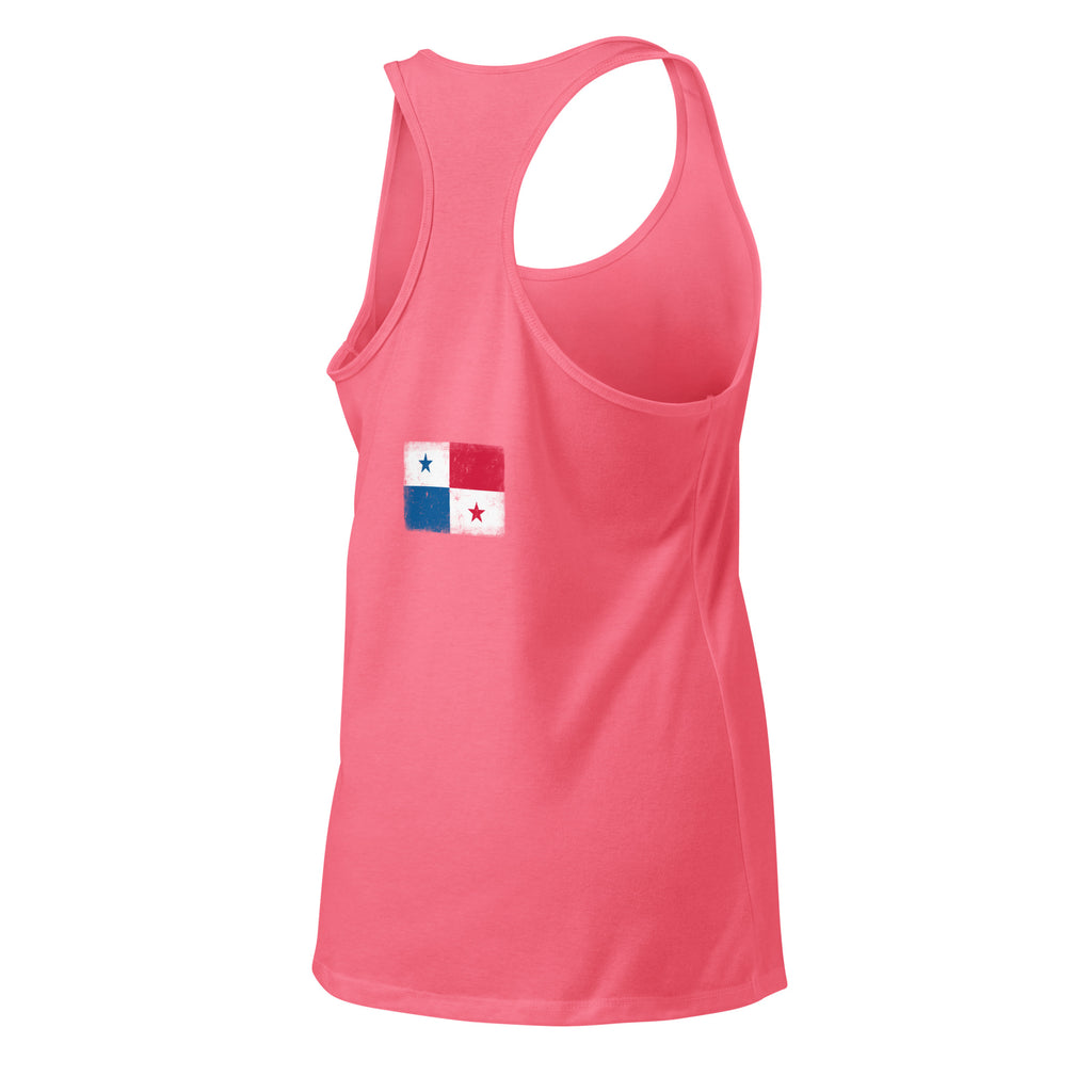 Panama flag racerback tank top in Hot Pink, vintage-washed print, flag across the upper back, women cut, back view