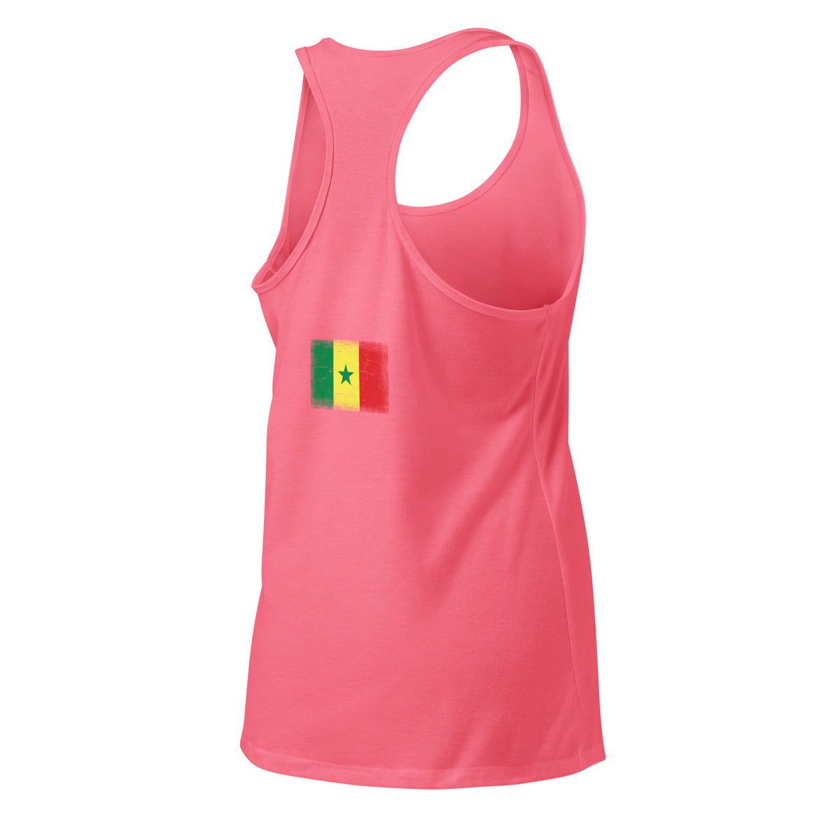 Senegal flag racerback tank top in Hot Pink, vintage-washed print, flag across the upper back, women cut, back view