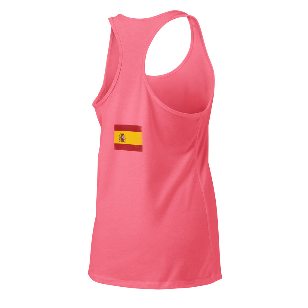 Spain flag racerback tank top in Hot Pink, vintage-washed print, flag across the upper back, women cut, back view