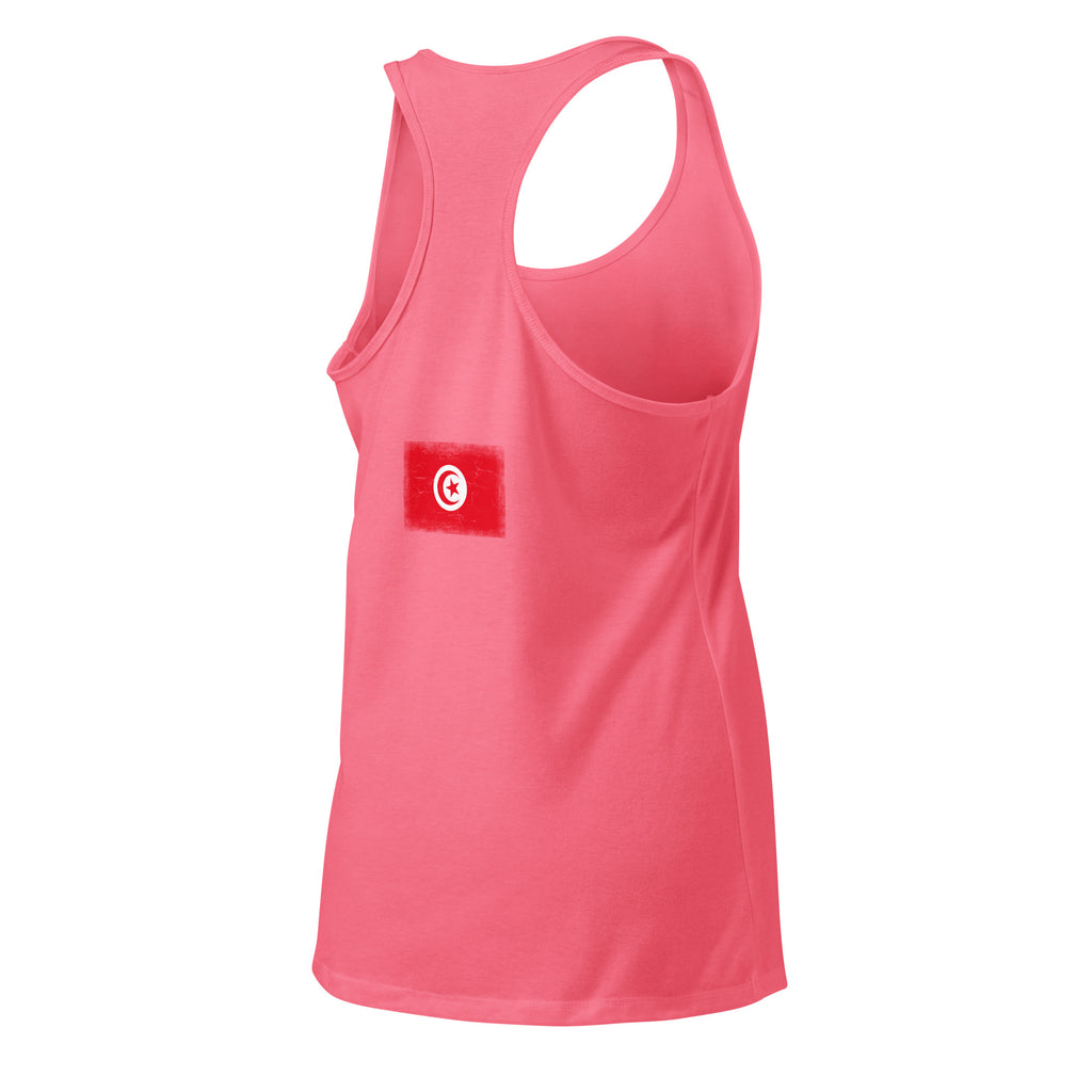 Tunisia flag racerback tank top in Hot Pink, vintage-washed print, flag across the upper back, women cut, back view