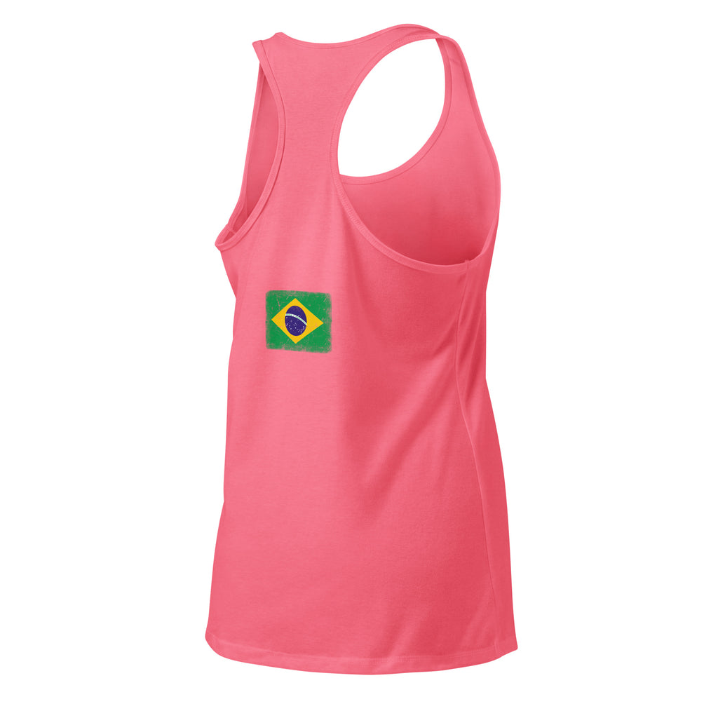 Brasil flag racerback tank top in Hot Pink, vintage-washed print, flag across the upper back, women cut, back view