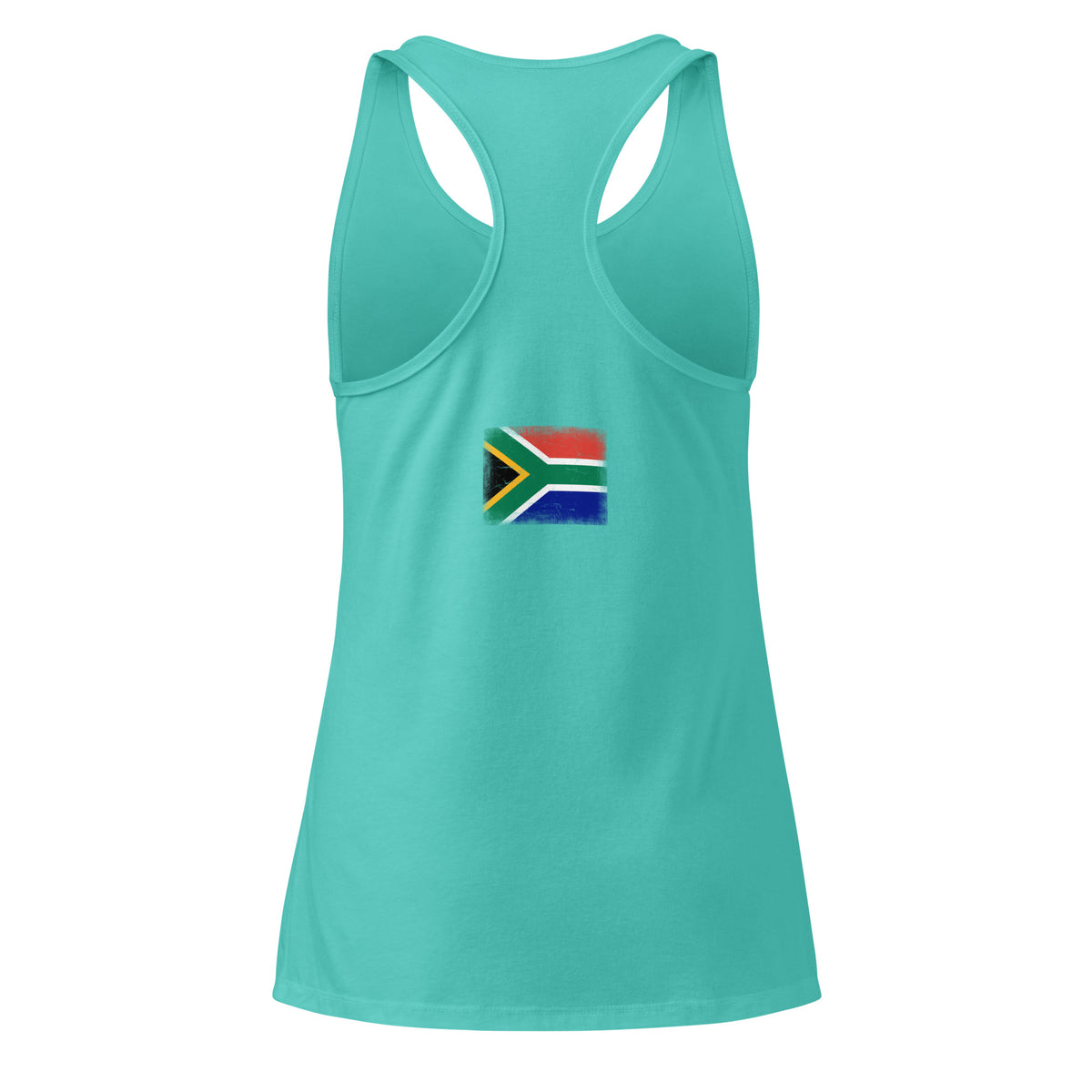 South Africa flag racerback tank top in Tahiti Blue, vintage-washed print, flag across the upper back, women cut, back view