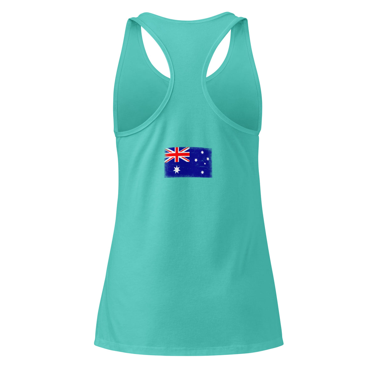 Australia flag racerback tank top in Tahiti Blue, vintage-washed print, flag across the upper back, women cut, back view