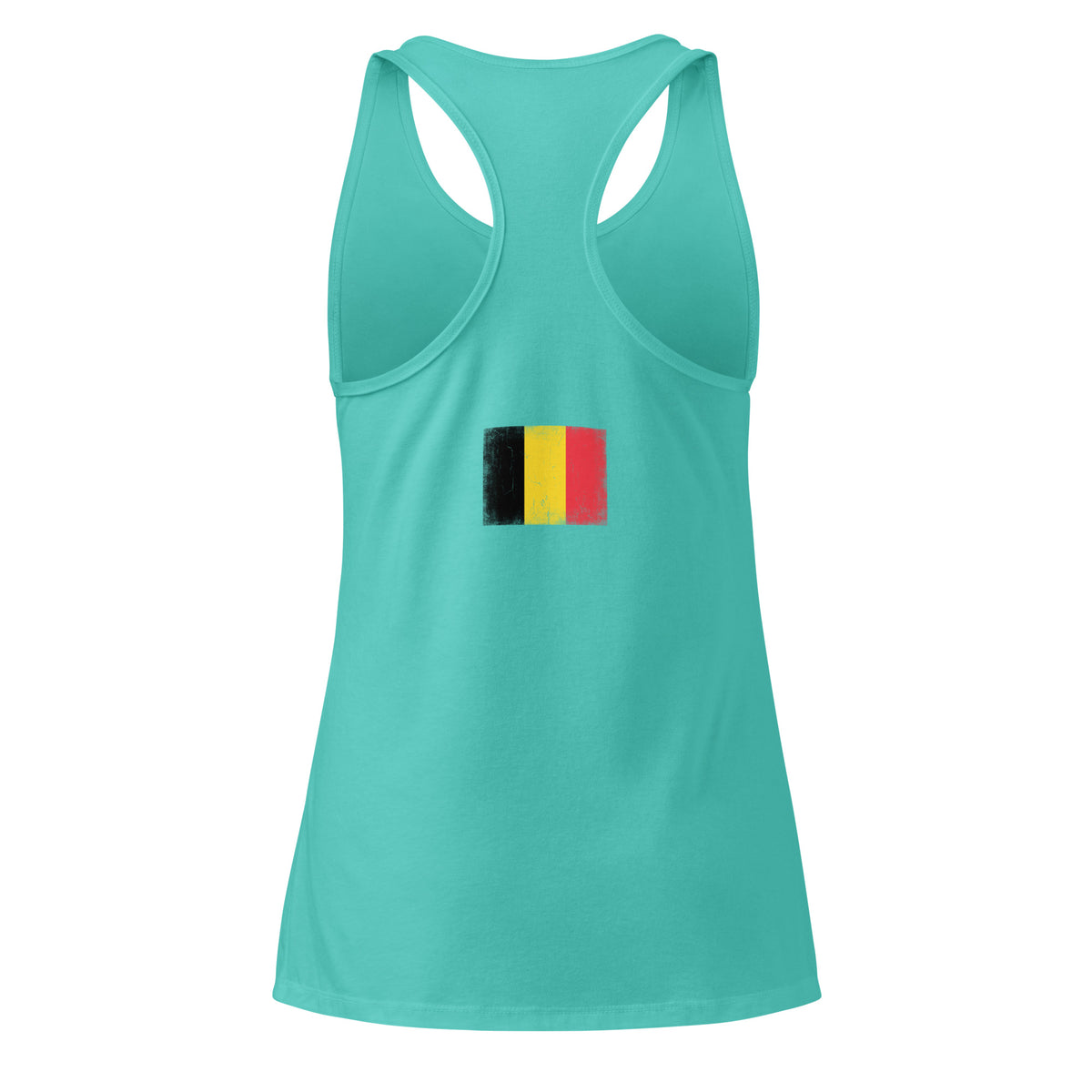 Belgium flag racerback tank top in Tahiti Blue, vintage-washed print, flag across the upper back, women cut, back view