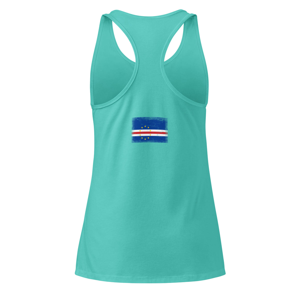 Cape Verde flag racerback tank top in Tahiti Blue, vintage-washed print, flag across the upper back, women cut, back view
