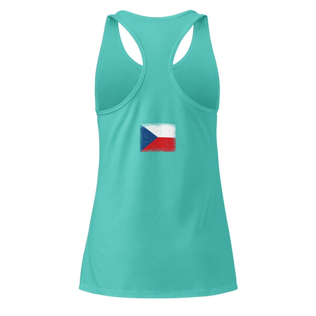 Czechia flag racerback tank top in Tahiti Blue, vintage-washed print, flag across the upper back, women cut, back view