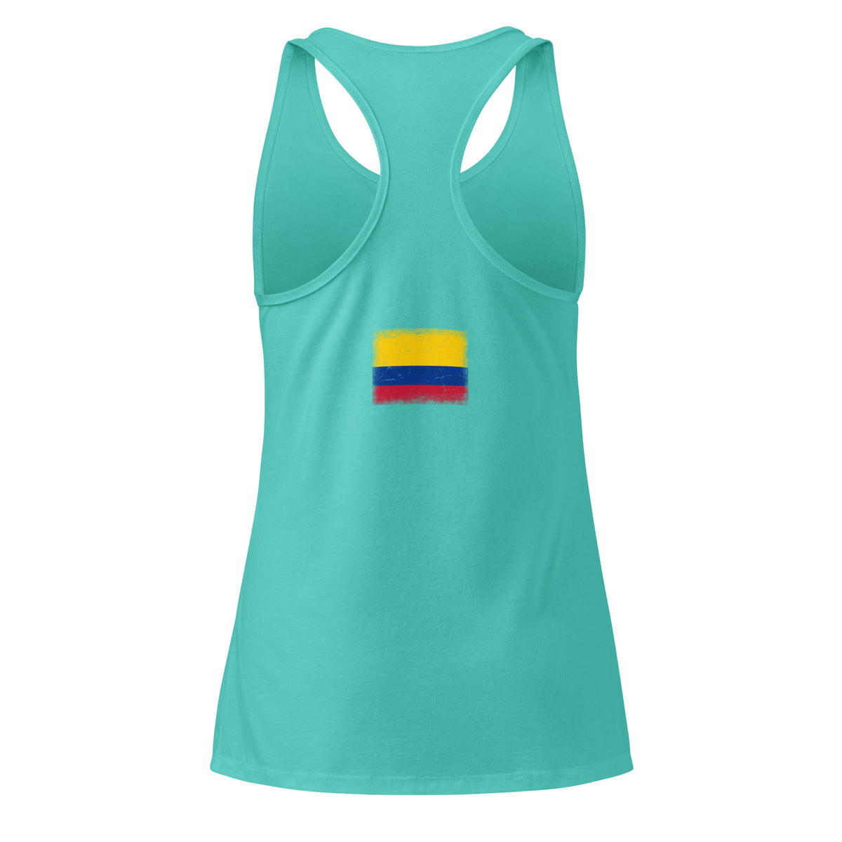 Colombia flag racerback tank top in Tahiti Blue, vintage-washed print, flag across the upper back, women cut, back view