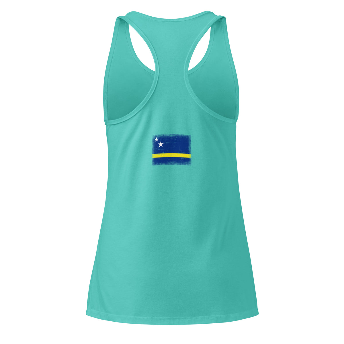 Curaçao flag racerback tank top in Tahiti Blue, vintage-washed print, flag across the upper back, women cut, back view