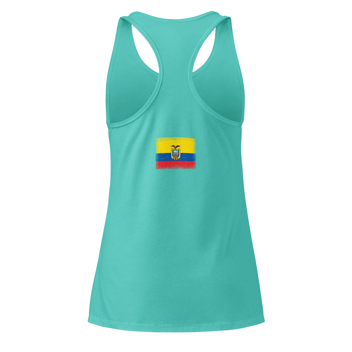 Ecuador flag racerback tank top in Tahiti Blue, vintage-washed print, flag across the upper back, women cut, back view