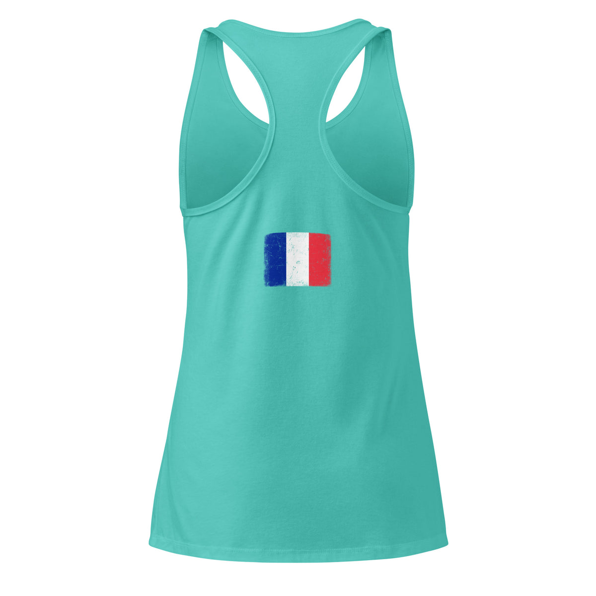 France flag racerback tank top in Tahiti Blue, vintage-washed print, flag across the upper back, women cut, back view
