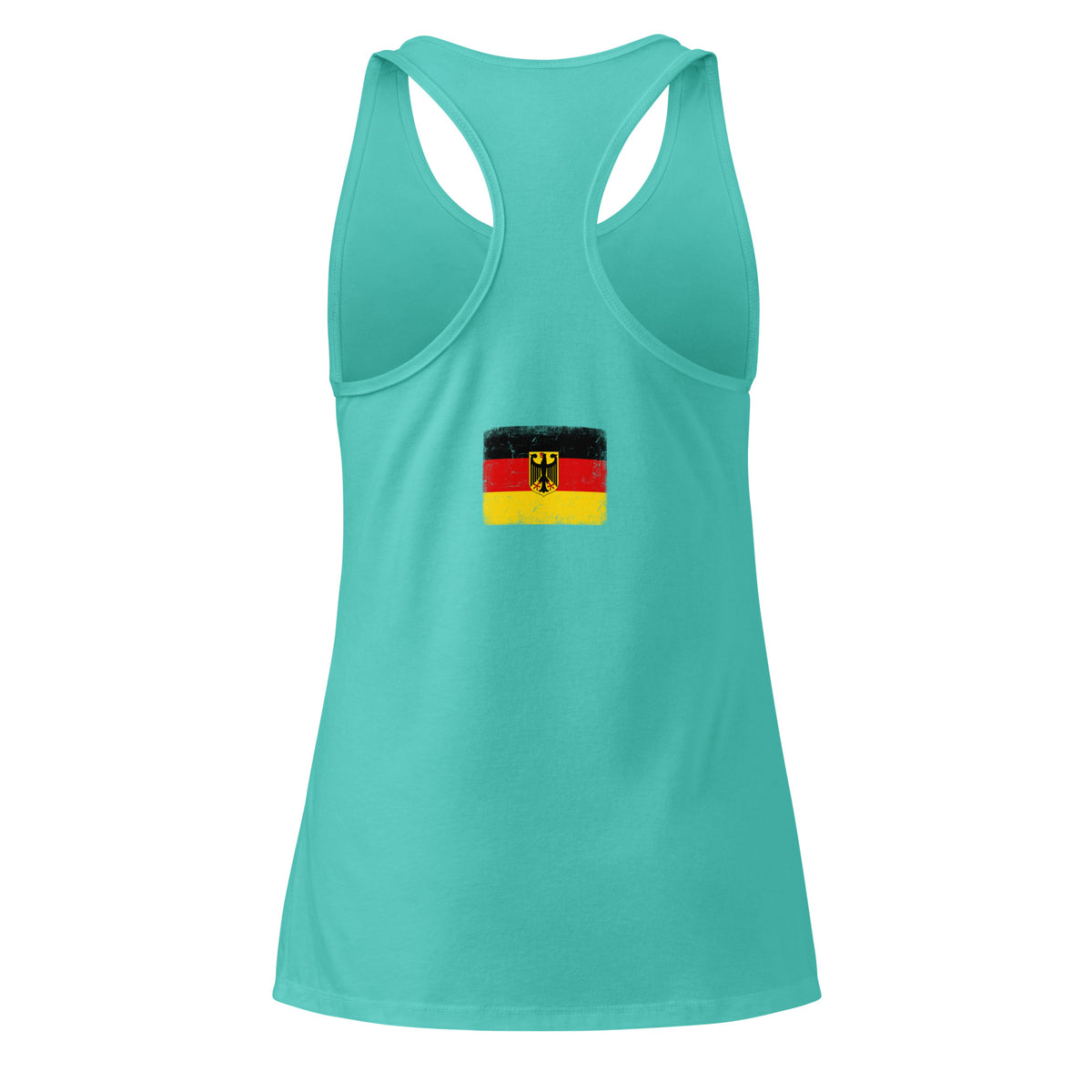 Germany flag racerback tank top in Tahiti Blue, vintage-washed print, flag across the upper back, women cut, back view