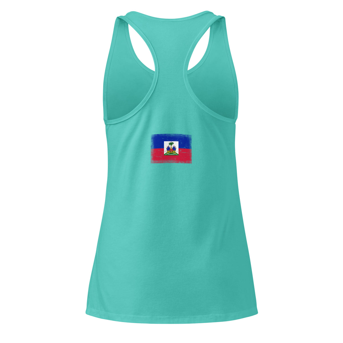 Haiti flag racerback tank top in Tahiti Blue, vintage-washed print, flag across the upper back, women cut, back view
