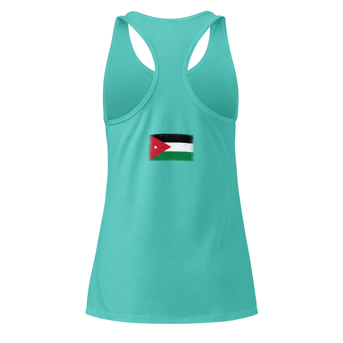 Jordan flag racerback tank top in Tahiti Blue, vintage-washed print, flag across the upper back, women cut, back view