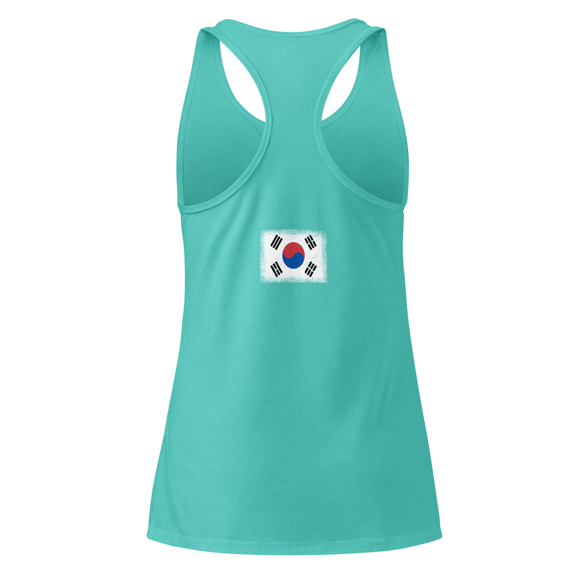 South Korea flag racerback tank top in Tahiti Blue, vintage-washed print, flag across the upper back, women cut, back view