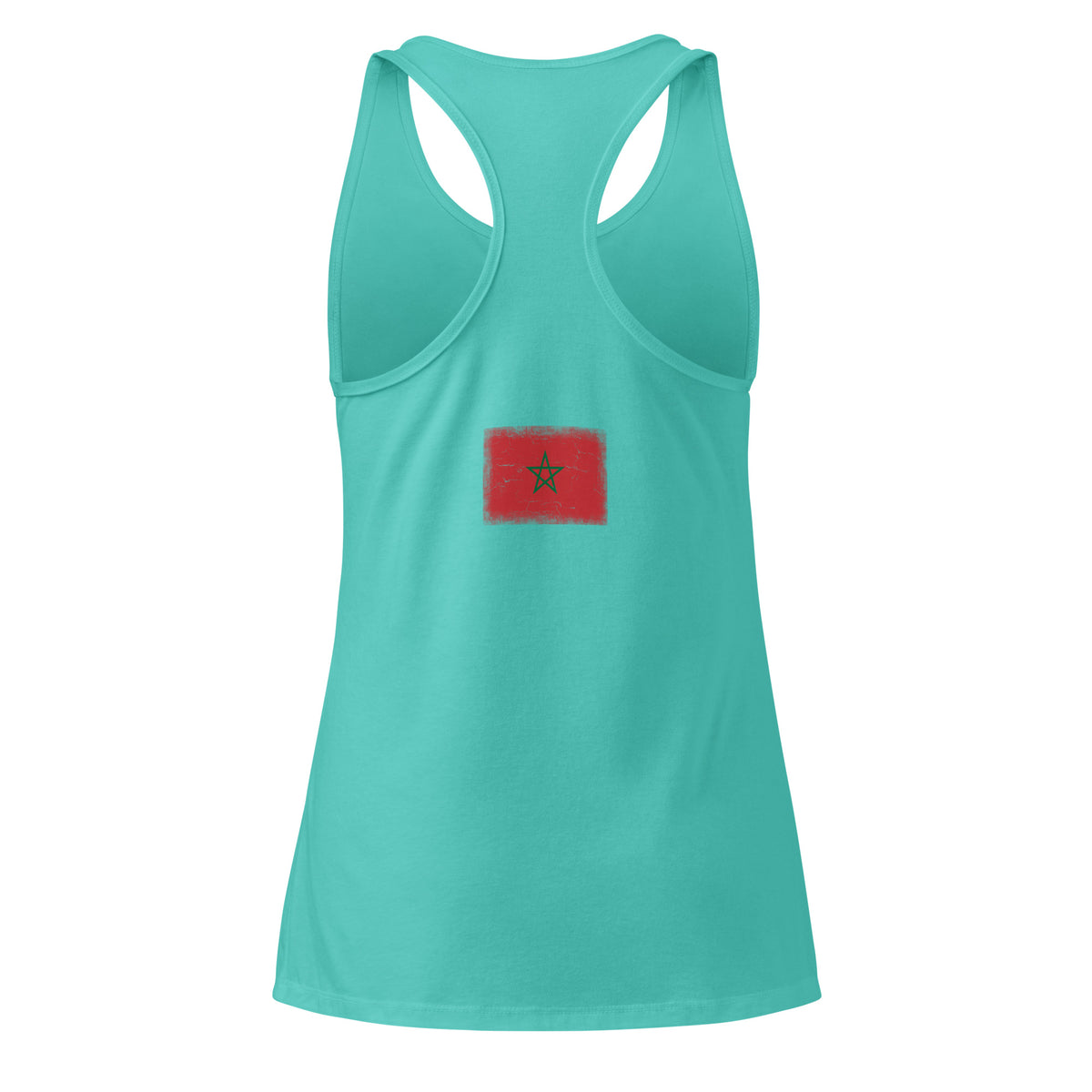 Morocco flag racerback tank top in Tahiti Blue, vintage-washed print, flag across the upper back, women cut, back view