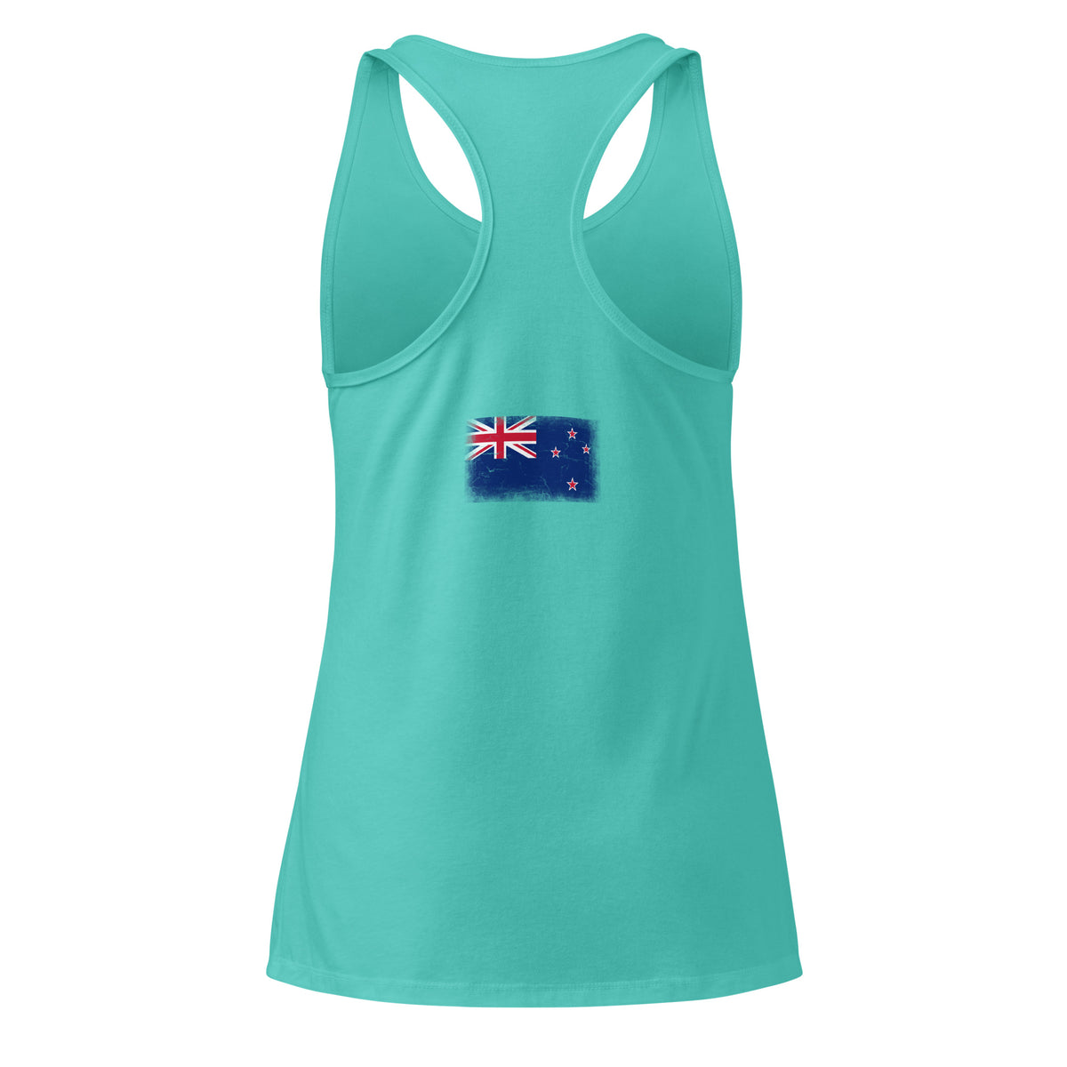 New Zealand flag racerback tank top in Tahiti Blue, vintage-washed print, flag across the upper back, women cut, back view