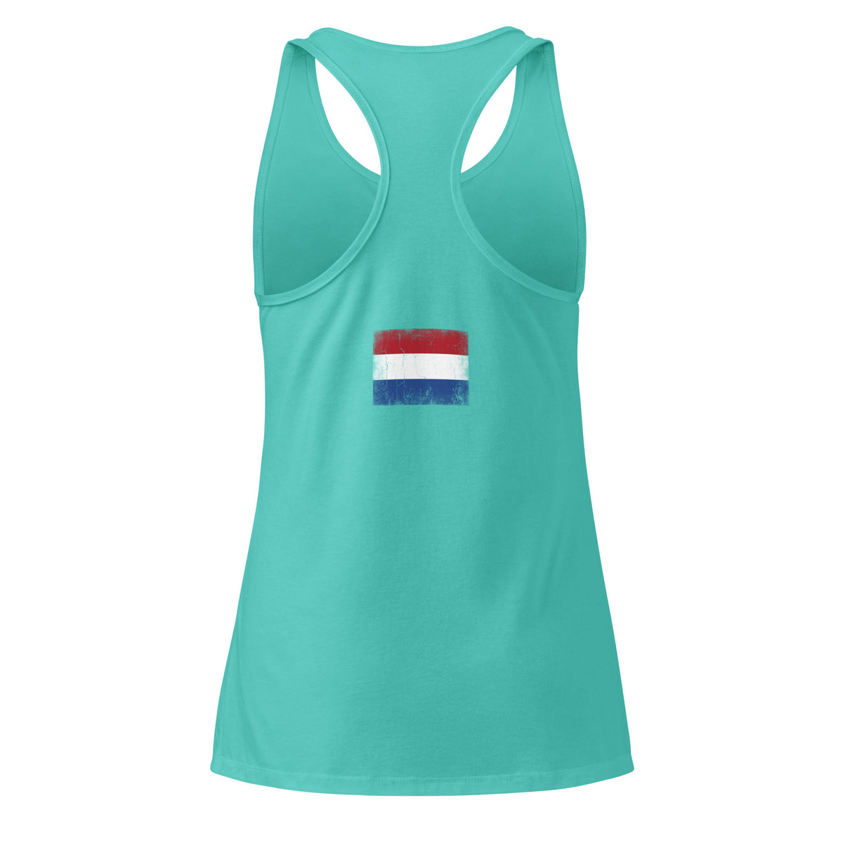 Netherlands flag racerback tank top in Tahiti Blue, vintage-washed print, flag across the upper back, women cut, back view