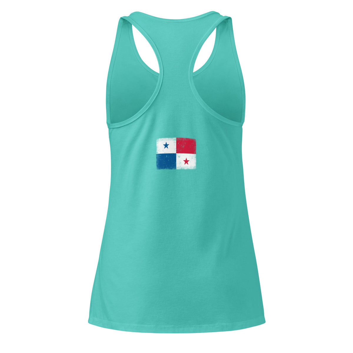 Panama flag racerback tank top in Tahiti Blue, vintage-washed print, flag across the upper back, women cut, back view