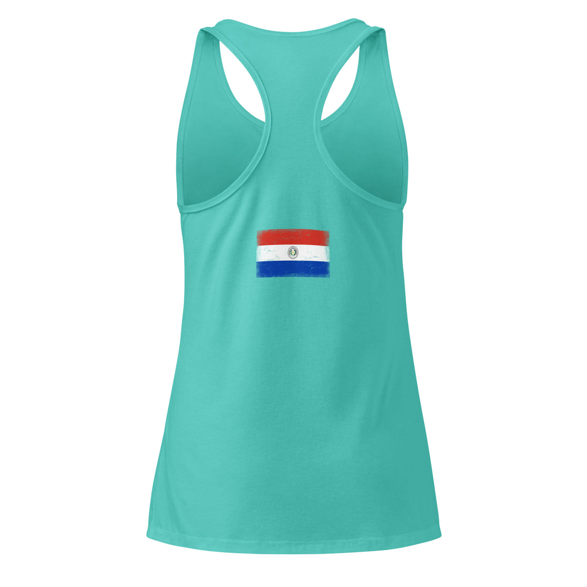 Paraguay flag racerback tank top in Tahiti Blue, vintage-washed print, flag across the upper back, women cut, back view