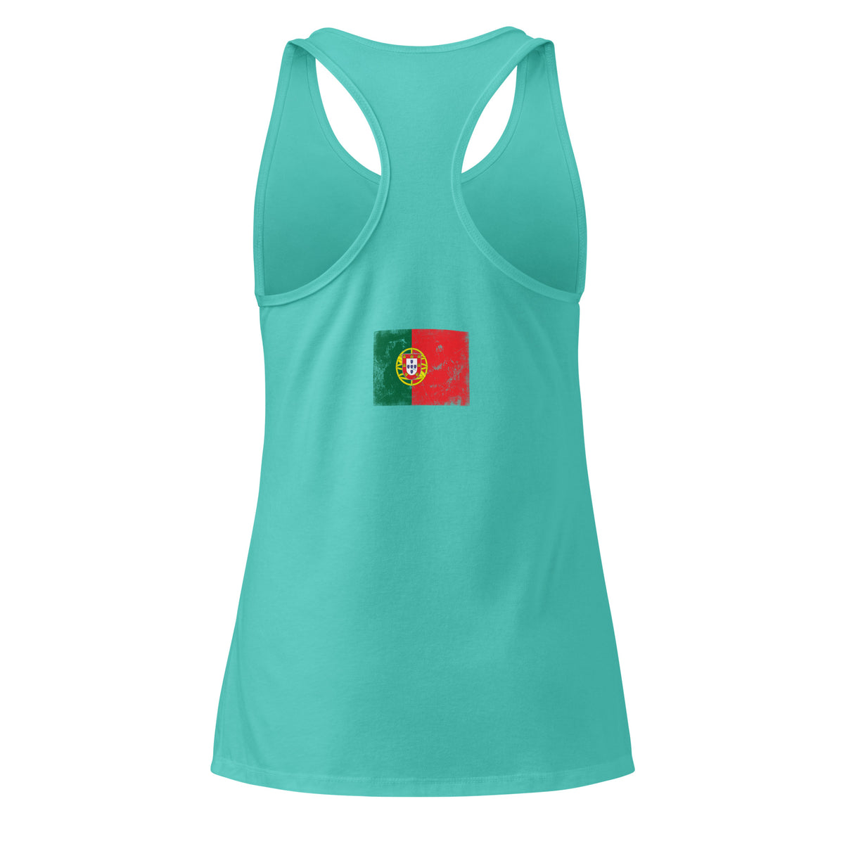 Portugal flag racerback tank top in Tahiti Blue, vintage-washed print, flag across the upper back, women cut, back view