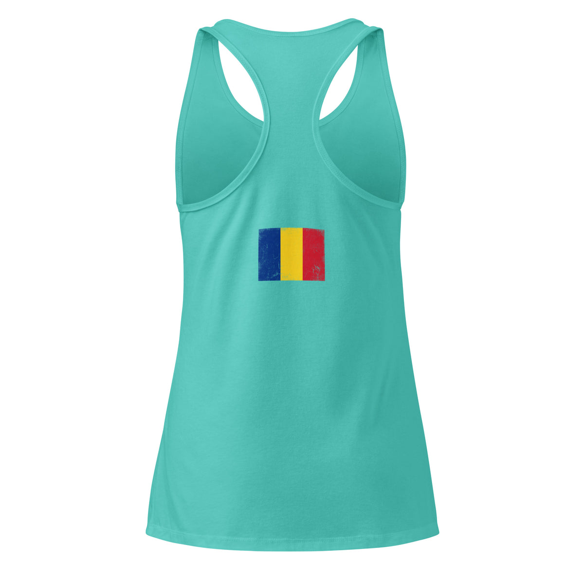 Romania flag racerback tank top in Tahiti Blue, vintage-washed print, flag across the upper back, women cut, back view