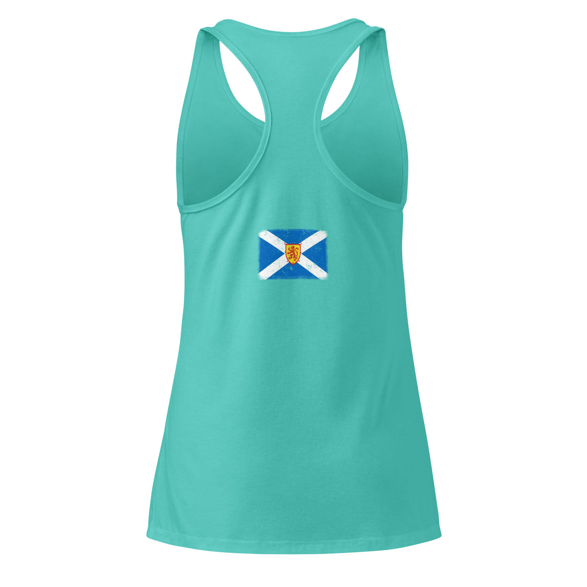 Scotland flag racerback tank top in Tahiti Blue, vintage-washed print, flag across the upper back, women cut, back view