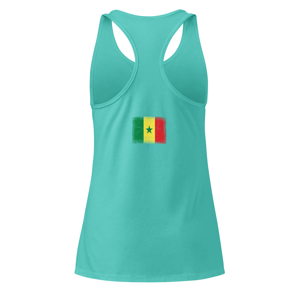 Senegal flag racerback tank top in Tahiti Blue, vintage-washed print, flag across the upper back, women cut, back view