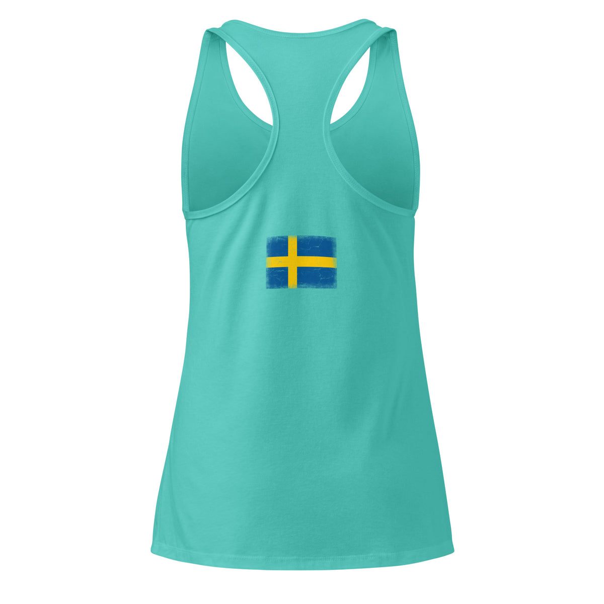 Sweden flag racerback tank top in Tahiti Blue, vintage-washed print, flag across the upper back, women cut, back view