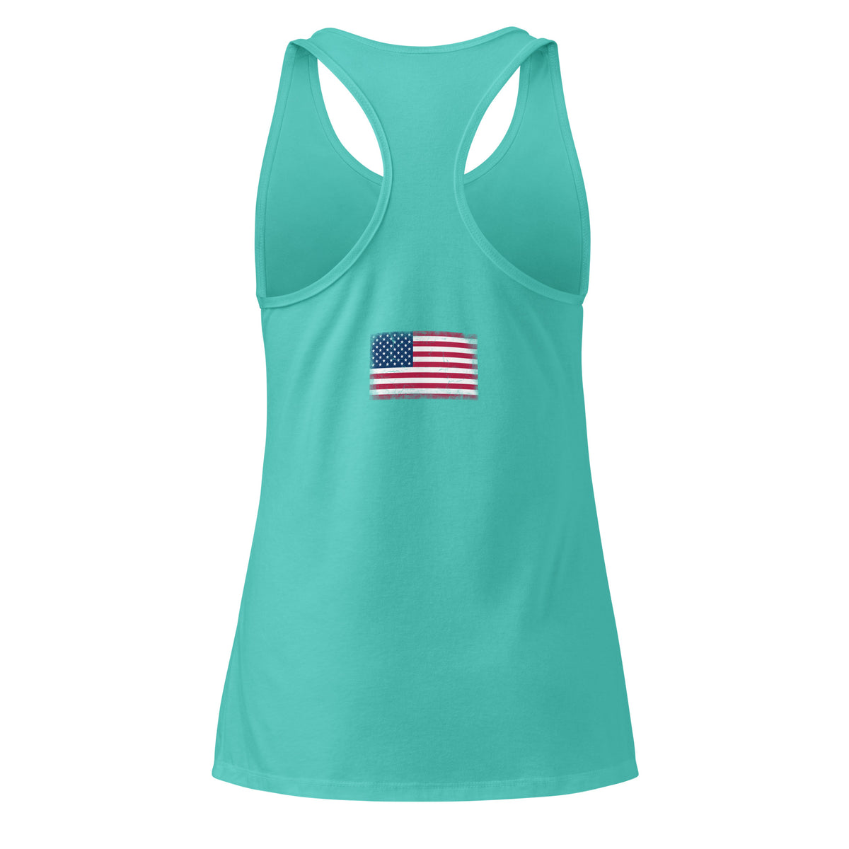 USA flag racerback tank top in Tahiti Blue, vintage-washed print, flag across the upper back, women cut, back view