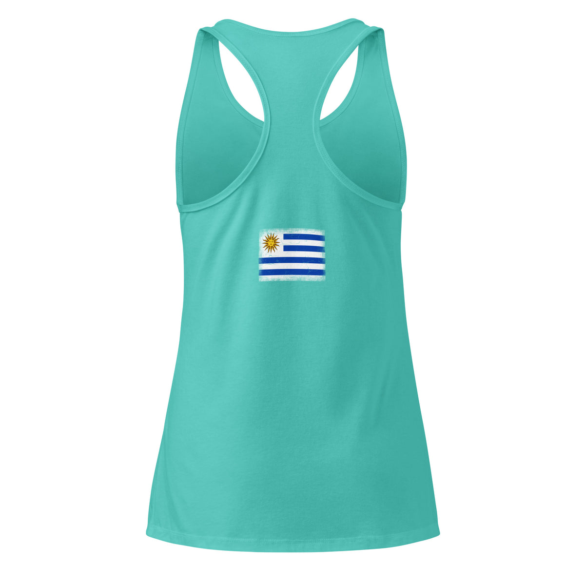 Uruguay flag racerback tank top in Tahiti Blue, vintage-washed print, flag across the upper back, women cut, back view