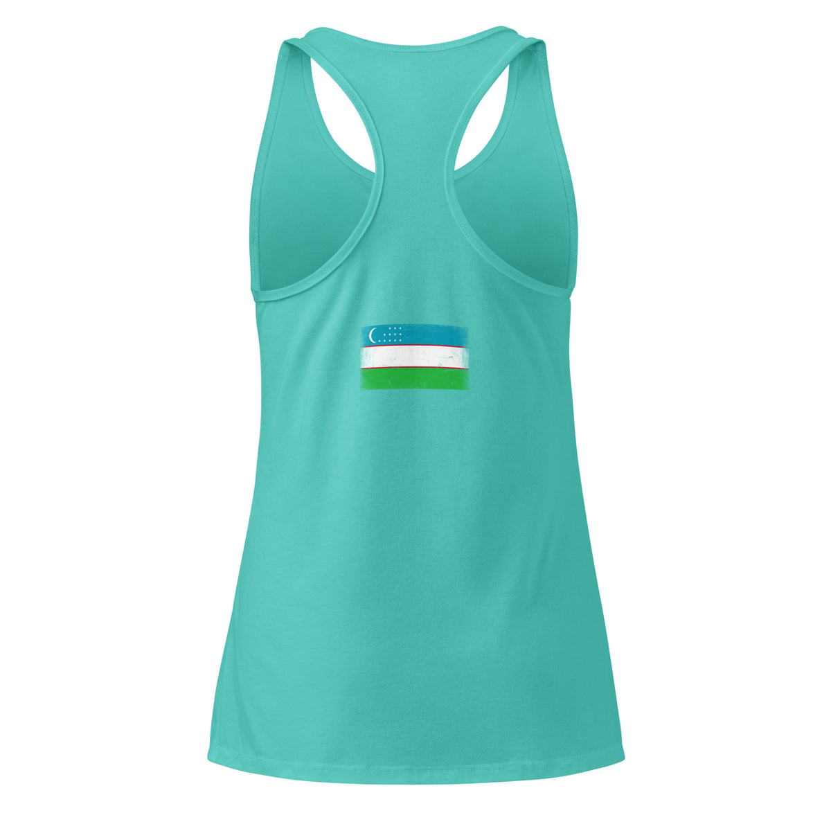 Uzbekistan flag racerback tank top in Tahiti Blue, vintage-washed print, flag across the upper back, women cut, back view