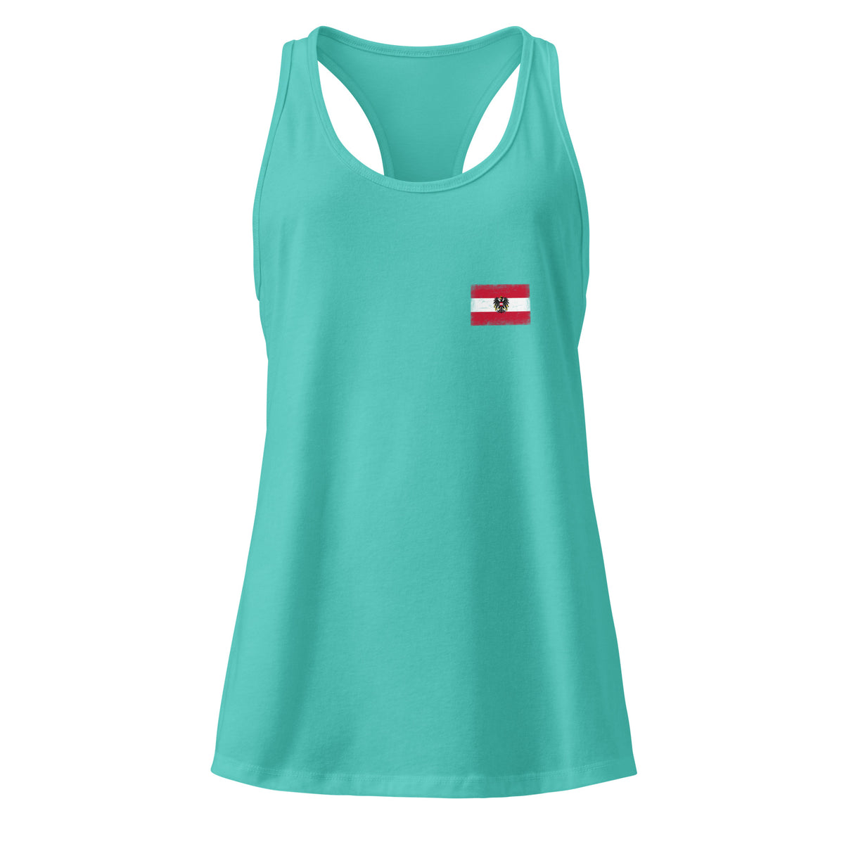 Austria flag racerback tank top in Tahiti Blue, vintage-washed print, small flag on the left chest, women cut, front view