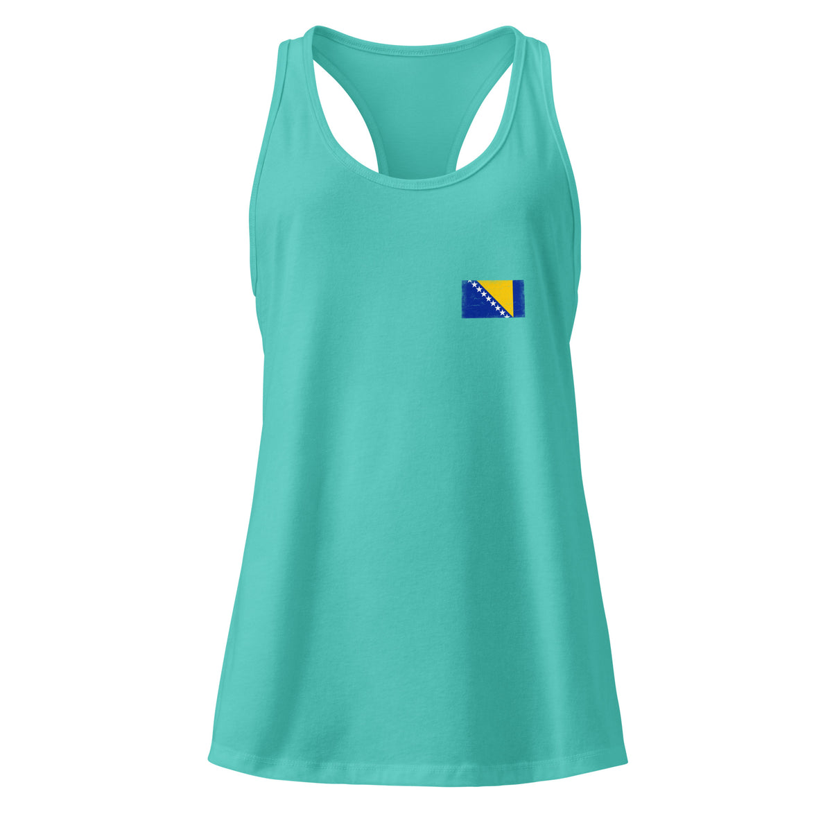 Bosnia and Herzegovina flag racerback tank top in Tahiti Blue, vintage-washed print, small flag on the left chest, women cut, front view
