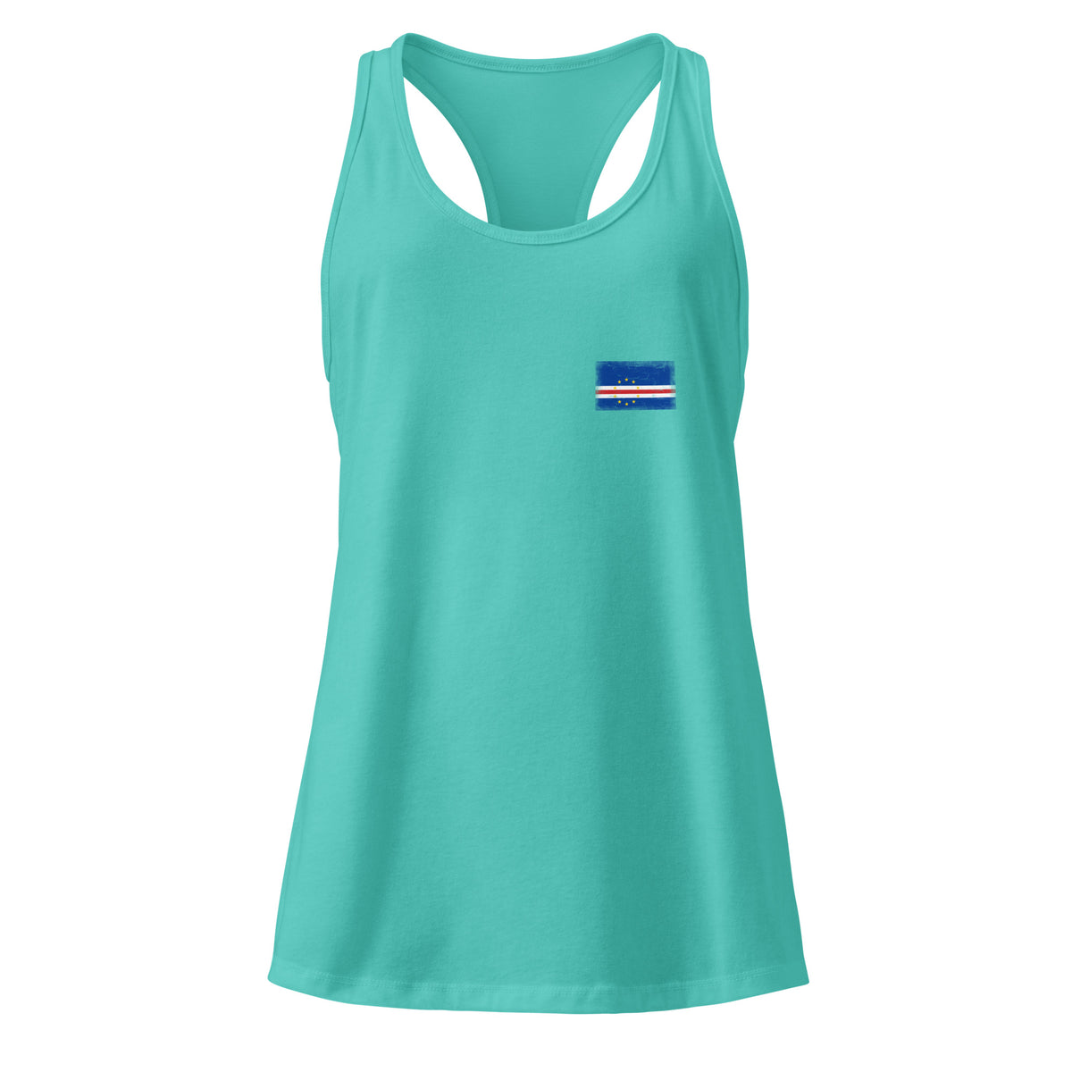 Cape Verde flag racerback tank top in Tahiti Blue, vintage-washed print, small flag on the left chest, women cut, front view