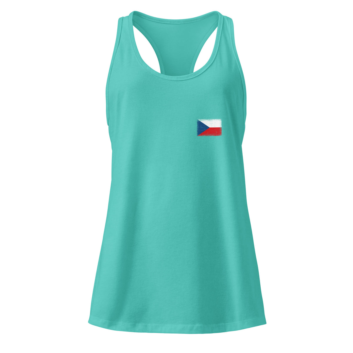 Czechia flag racerback tank top in Tahiti Blue, vintage-washed print, small flag on the left chest, women cut, front view