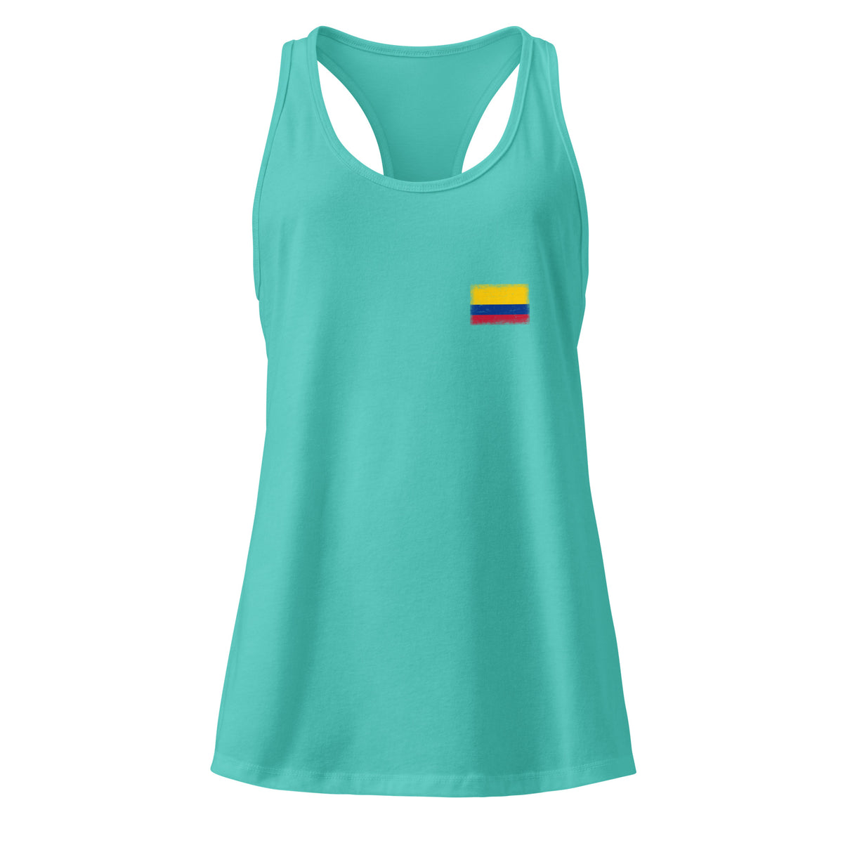 Colombia flag racerback tank top in Tahiti Blue, vintage-washed print, small flag on the left chest, women cut, front view