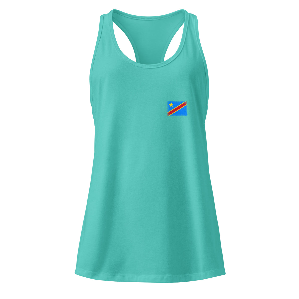 Congo flag racerback tank top in Tahiti Blue, vintage-washed print, small flag on the left chest, women cut, front view
