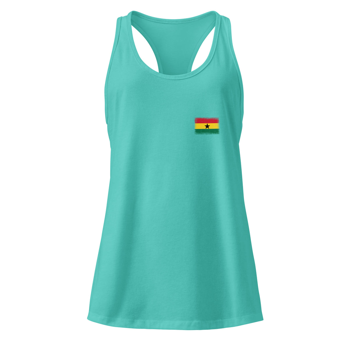 Ghana flag racerback tank top in Tahiti Blue, vintage-washed print, small flag on the left chest, women cut, front view